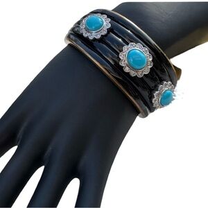 MIRIAM SALAT black Gold Tone 925 Silver turquoise and clear stone cuff bracelet.